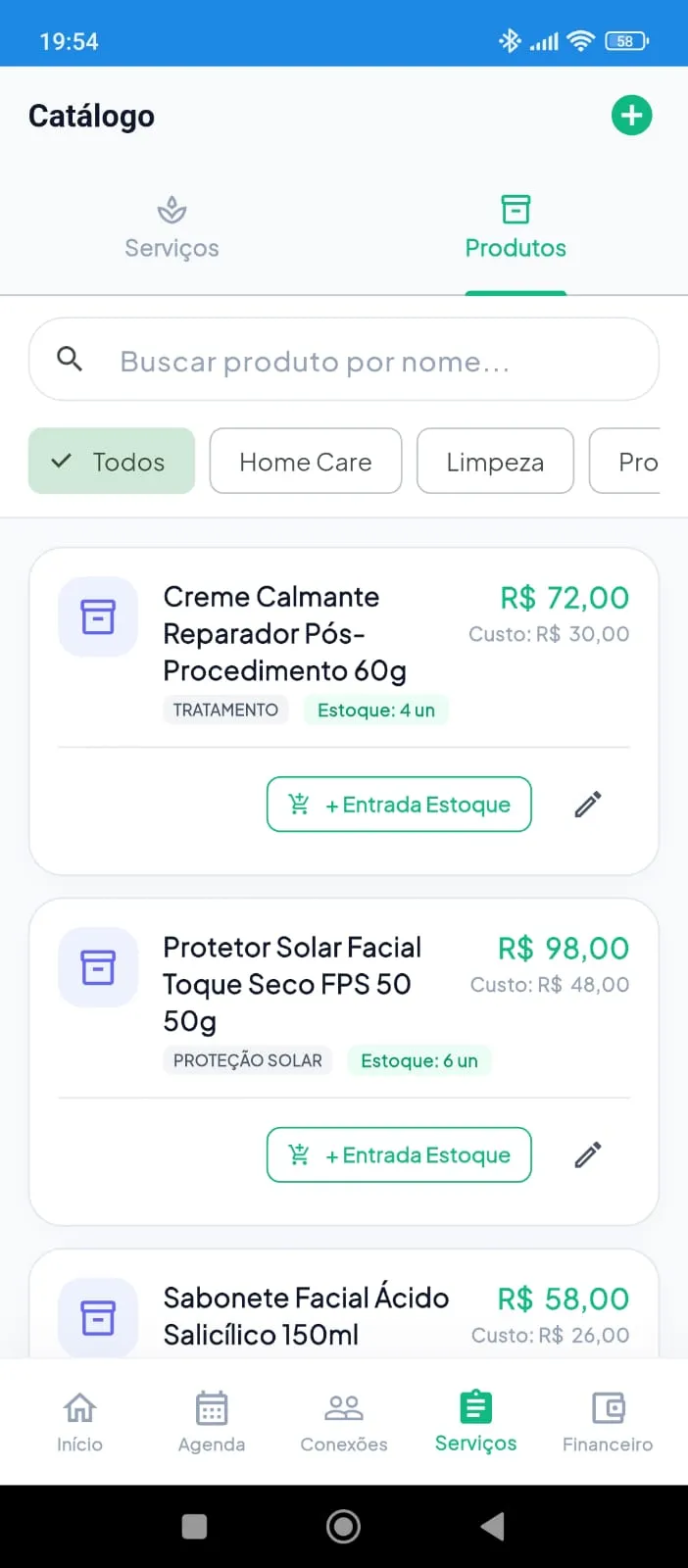 Catálogo de produtos com estoque e preços no TimeCare Lite